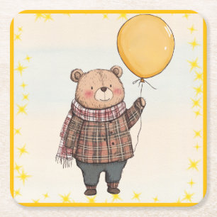 Beer in Bruin Plaid Trui met Gele Ballon Kartonnen Onderzetters