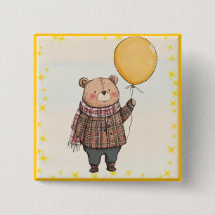 Beer in Bruin Plaid Trui met Gele Ballon Vierkante Button 5,1 Cm
