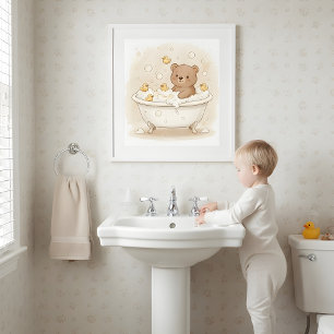 Beer in bubbelbad kinderbadkamer muurkunst poster