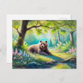 Beer in Forest Glade Pastel Krijttekening Briefkaart (Voorkant / Achterkant)