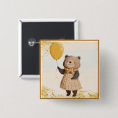 Beer in geel gepleisterde jurk met gele ballon vierkante button 5,1 cm (Voorkant /achterkant)