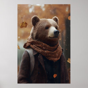 Beer in herfstkleuren kunstprint, knus herfst poster