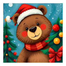 Beer in kersthoed tussen kerstbomen