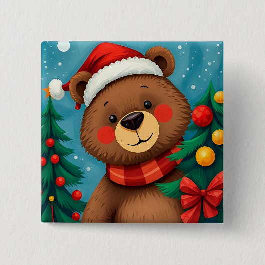 Beer in kersthoed tussen kerstbomen vierkante button 5,1 cm (Voorkant)