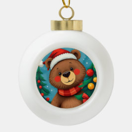 Beer in kerstmanhoed tussen kerstbomen keramische bal ornament