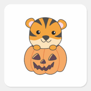Beer in Pumpkin Oranje Tiger Halloween Haircat Vierkante Sticker