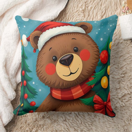 Beer in Santa Hat tussen de kerstbomen Kussen (Deken)