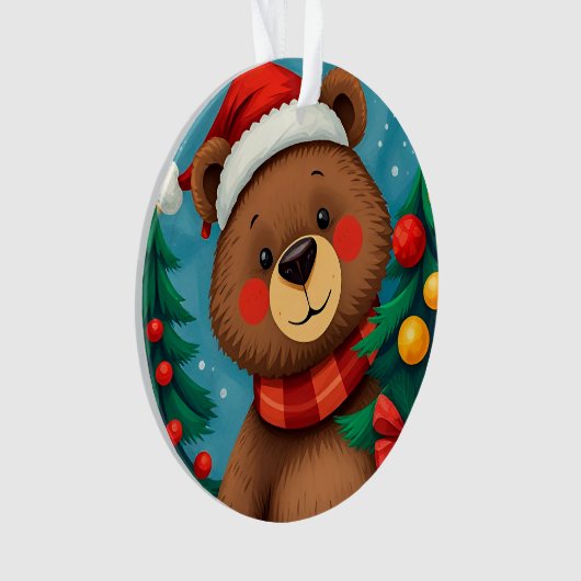 Beer in Santa Hat tussen de kerstbomen Ornament (voorkant)