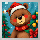 Beer in Santa Hat tussen de kerstbomen Poster (Voorkant)