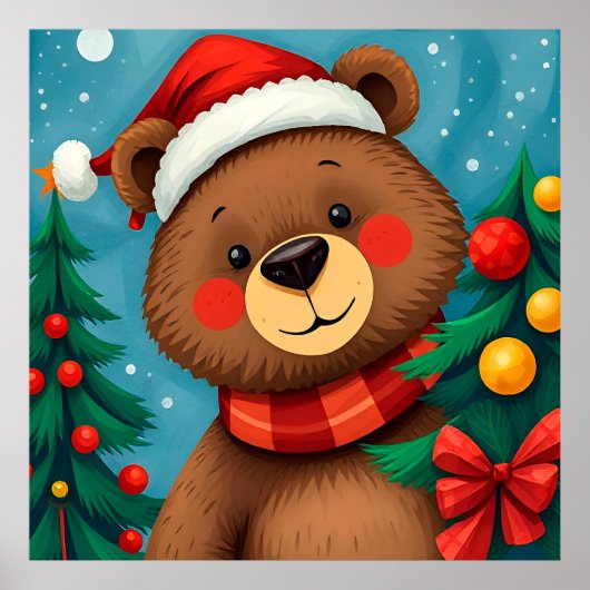 Beer in Santa Hat tussen de kerstbomen Poster (Voorkant)