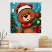 Beer in Santa Hat tussen de kerstbomen Poster (Keuken)