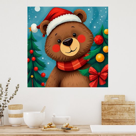 Beer in Santa Hat tussen de kerstbomen Poster (Keuken)