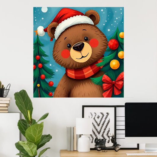 Beer in Santa Hat tussen de kerstbomen Poster (Thuiskantoor)