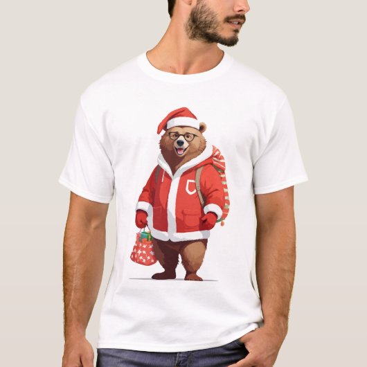 Beer in Santa Kostuum Schattig Grappig Kerstdier T-shirt (Voorkant)