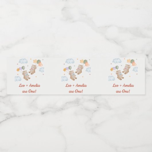 Beer Jongen Meisje Twins - Eerste Verjaardagsfeest Waterfles Etiket (Enkel label)