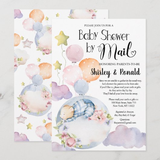 Beer jongen roze bloemen ballonnen baby shower per kaart (Voorkant / Achterkant)