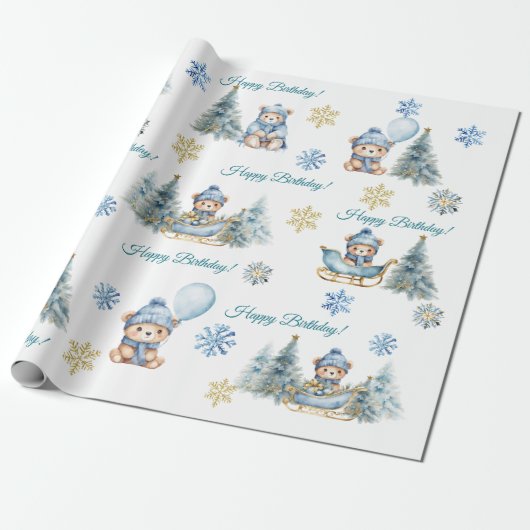 Beer Kerst Eerste Verjaardag Winter Cadeaupapier (Uitgerold)