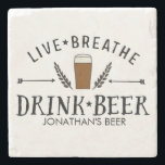 Beer Love Hipster Live Breathe Drink Beer Custom Stenen Onderzetter<br><div class="desc">Als je van bier houdt, is dit marmeren onderzetter van hoge kwaliteit iets voor jou! Het beschikt over een logo-stijl ontwerp met de tekst "Live Breathe Drink Beer" en een handgetekende afbeelding van een bierglas en pijlen die gecentreerd is tussen hop. Voeg hieronder uw eigen naam of aangepaste tekstregel toe....</div>