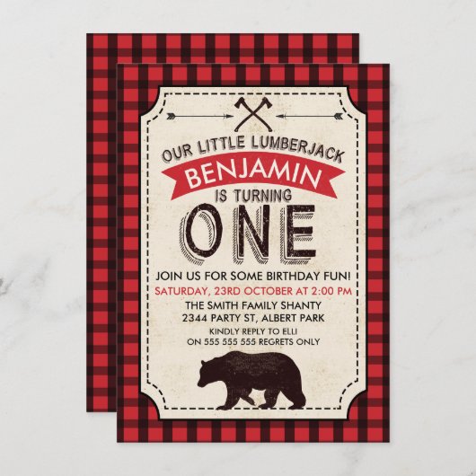 Beer Lumberjack 1e Verjaardag Uitnodiging (Voorkant / Achterkant)