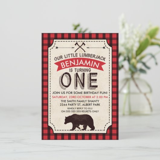Beer Lumberjack 1e Verjaardag Uitnodiging (Staand voorkant)