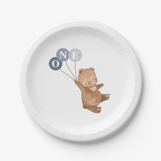 Beer met 3 blauwe ballonnen 1e verjaardag papieren bordje (Voorkant)