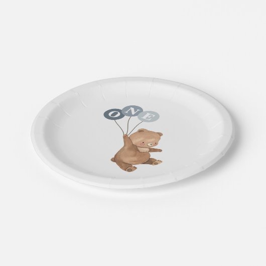 Beer met 3 blauwe ballonnen 1e verjaardag papieren bordje (Gekanteld)