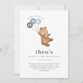 Beer met 3 blauwe ballonnen 1e verjaardag Uitnodig Kaart (Voorkant)