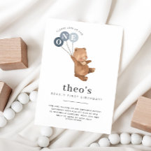 Beer met 3 blauwe ballonnen 1e verjaardag Uitnodig