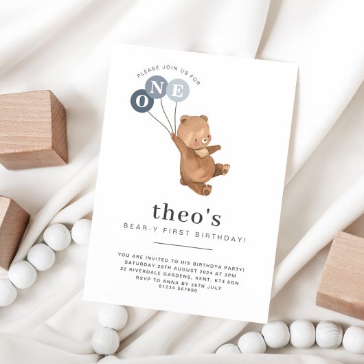 Beer met 3 blauwe ballonnen 1e verjaardag Uitnodig Kaart