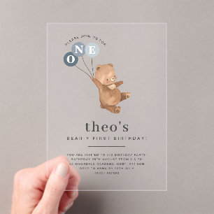 Beer met 3 Blauwe Ballonnen 1e Verjaardagsuitnodig Acryl Uitnodigingen