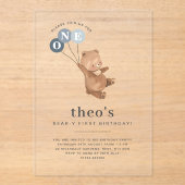 Beer met 3 Blauwe Ballonnen 1e Verjaardagsuitnodig Acryl Uitnodigingen (Voorkant)