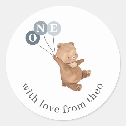 Beer met 3 blauwe ballonnen ronde sticker (Voorkant)