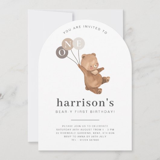 Beer met 3 bruine ballonnen 1e boogverjaardag kaart (Voorkant)