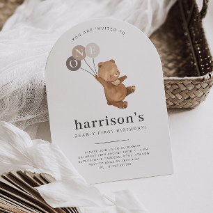 Beer met 3 bruine ballonnen 1e boogverjaardag kaart