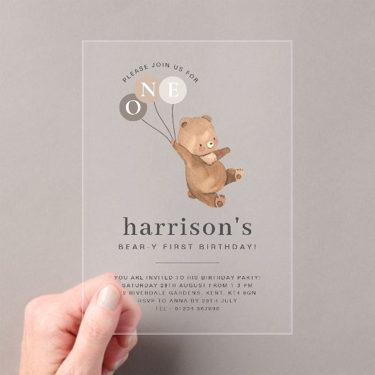 Beer met 3 bruine ballonnen 1e verjaardag acryl uitnodigingen (Insitu (Draagbaar))