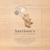 Beer met 3 bruine ballonnen 1e verjaardag acryl uitnodigingen (Voorkant)