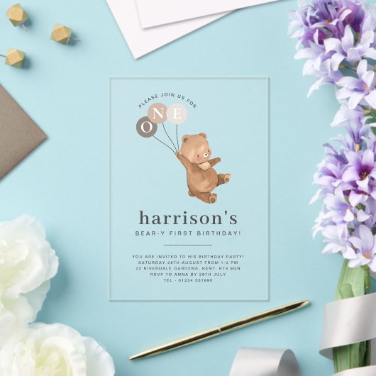 Beer met 3 bruine ballonnen 1e verjaardag acryl uitnodigingen (Insitu (Huwelijk))