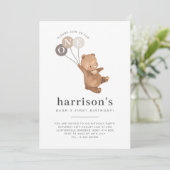 Beer met 3 bruine ballonnen 1e verjaardag kaart (Staand voorkant)