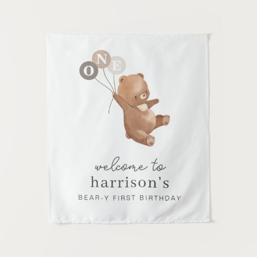 Beer met 3 bruine ballonnen Welkomstteken Wandkleed (Voorkant)