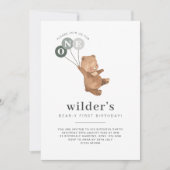 Beer met 3 Groene Balloons 1e verjaardag Uitnodigi Kaart (Voorkant)