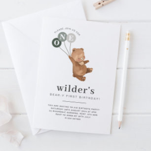 Beer met 3 Groene Balloons 1e verjaardag Uitnodigi Kaart