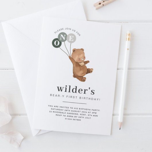 Beer met 3 Groene Balloons 1e verjaardag Uitnodigi Kaart