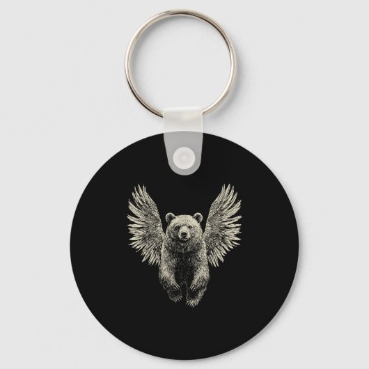 Beer met Angel Wings Retro Wildlife Kunstwerk Vlie Sleutelhanger (Voorkant)
