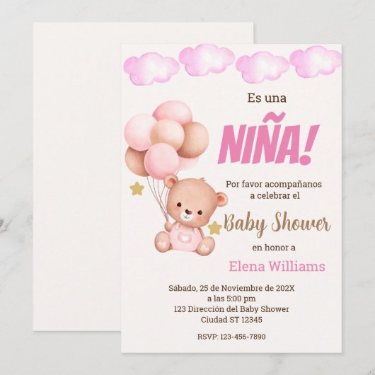 Beer met ballonnen Baby shower meisje Spaans Kaart (Voorkant / Achterkant)