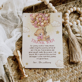 Beer met Ballonnen Beige Roze Baby shower Bedankkaart