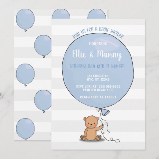 Beer met Balloon Baby shower Invitation | Blauw Kaart (Voorkant / Achterkant)