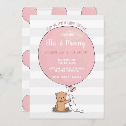 Beer met Balloon Baby shower Invitation | roze Kaart (Voorkant / Achterkant)