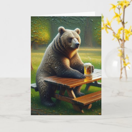 Beer met een biertje kaart (Gele Bloem)