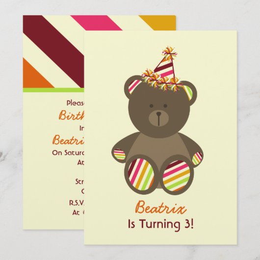 Beer met gestreept Pet Girl's Party Kaart (Voorkant / Achterkant)