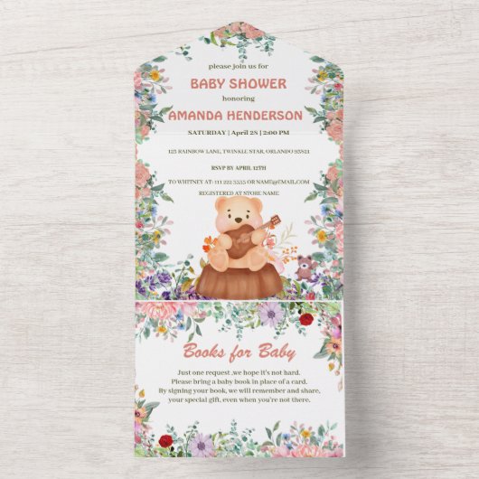 Beer met gitaarflora waterverf baby shower all in one uitnodiging (Binnen)